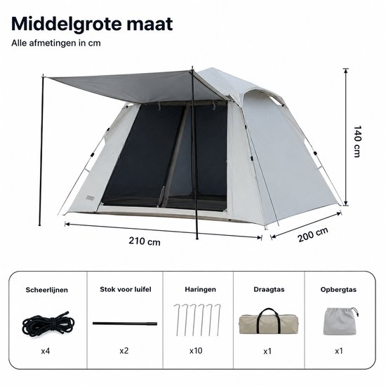 Velmio Pop-up Tent - 2/4 Persoons Tent - Waterdicht en Winddicht - Automatische Pop-up Tent - Gezinscamping en Buitenactiviteiten - 200 x 200 cm — afbeelding 5