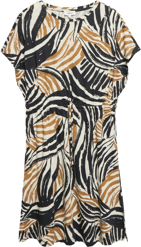 Jurk met korte mouwen, grafische print in zwart, wit en bruin, met ceintuur in de taille.