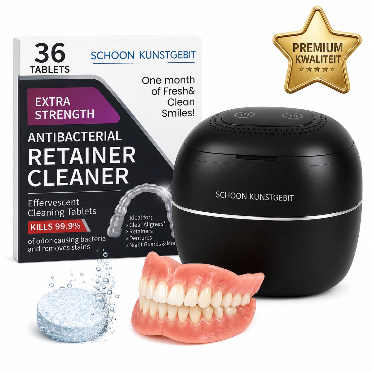 Ultrasone Kunstgebit Reiniger – Ultrasoon Reinigingsapparaat voor Retainer, Invisalign, Beugel & Prothese – Incl. 36 Extra Sterke Reinigingstabletten