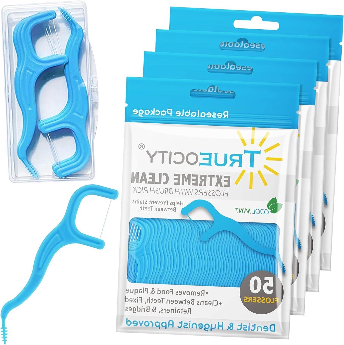 Trueocity Tandflossers Brush Picks 4 Pack w/Travel Case (200 Total Count), Tandzijde glijdt gemakkelijk tussen de tanden, Flosser helpt tandbederf en tandvleesaandoeningen te voorkomen, Easy Grip Handvat, Mint Flavored
