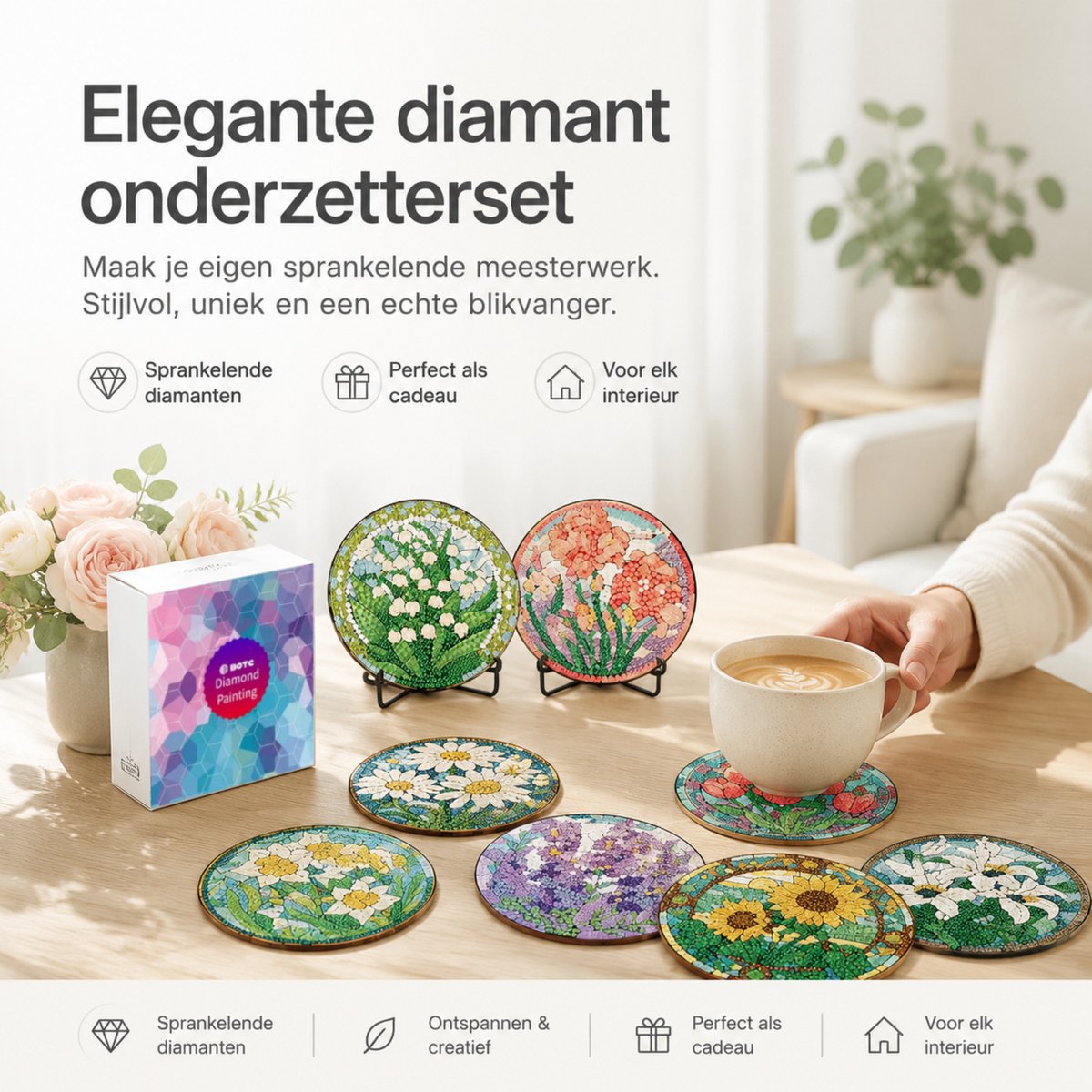 BOTC Diamond Painting - Onderzetters met Houder - Set van 8 - Pakket Volwassenen en Kinderen - Cadeau — afbeelding 4