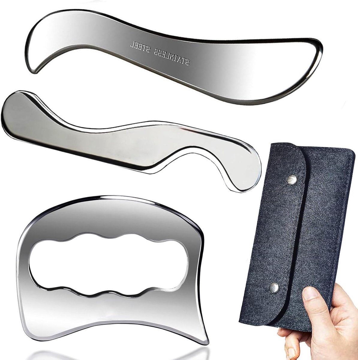 3-in-1 spierschraper roestvrij staal Gua Sha set schrapen massagegereedschap, IASTM Tools, geweldige zachte weefsel fysiotherapie gebruikt voor rug, armen, benen, nek (set van 3 stuks)