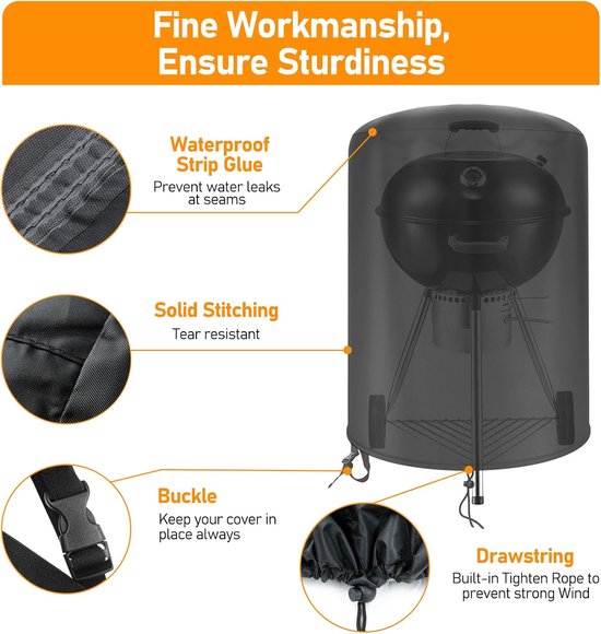 Zwarte grillhoes met details: waterdichte naden, stevige stiksels, gesp en trekkoord.