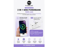 Mini Powerbank 5000 mAh FS Power Pack Display USB C – Wit-Kleine Draadloze Externe Batterij met LED Display & Stand compatibel met Samsung, Type C Android telefoon – voor iPhone Samsung – Ingebouwde Apple iPhone Oplader Kabel – 2025-Nieuwjaar