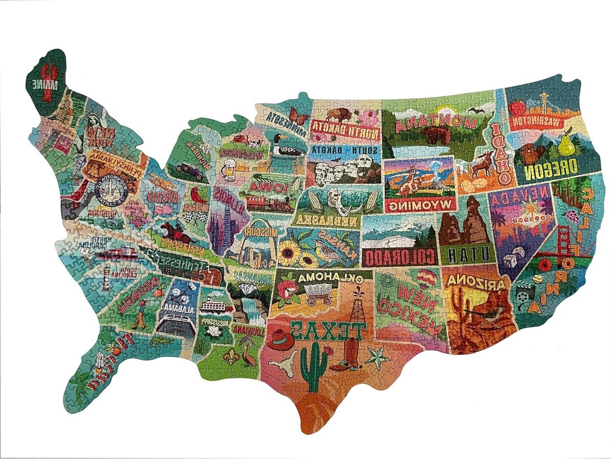 Kaartpuzzel Verenigde Staten - Amerika puzzel - Educatief spel - Vorm van Amerika - 1000 stukjes - Meerkleurig