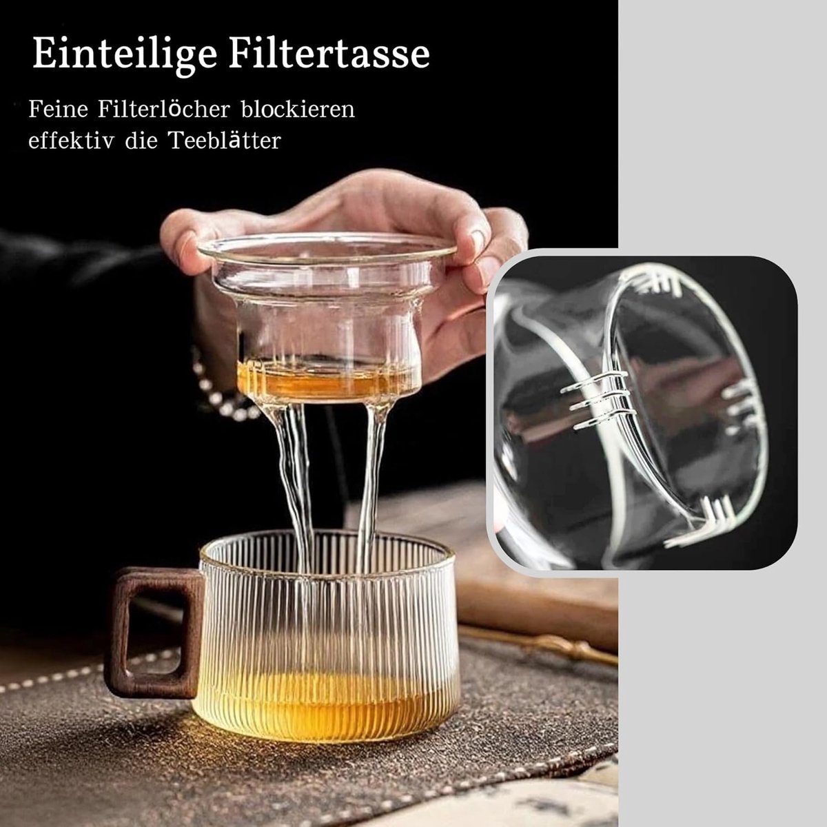 Glazen Theeglas - Theebeker met Zeef - Thee Zetten - Anti-scald Handvat - 200 ml - Transparant Gestreept — cadeau in Kookcadeaus - foto 2