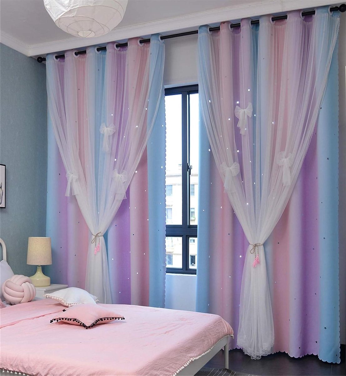 Verduisterende Gordijnen - Kindergordijnen Kamerdecoratie - Slaapkamer Aankleden - Sterren Uitsparing Design - 132 x 244 cm - Roze Paars Groen