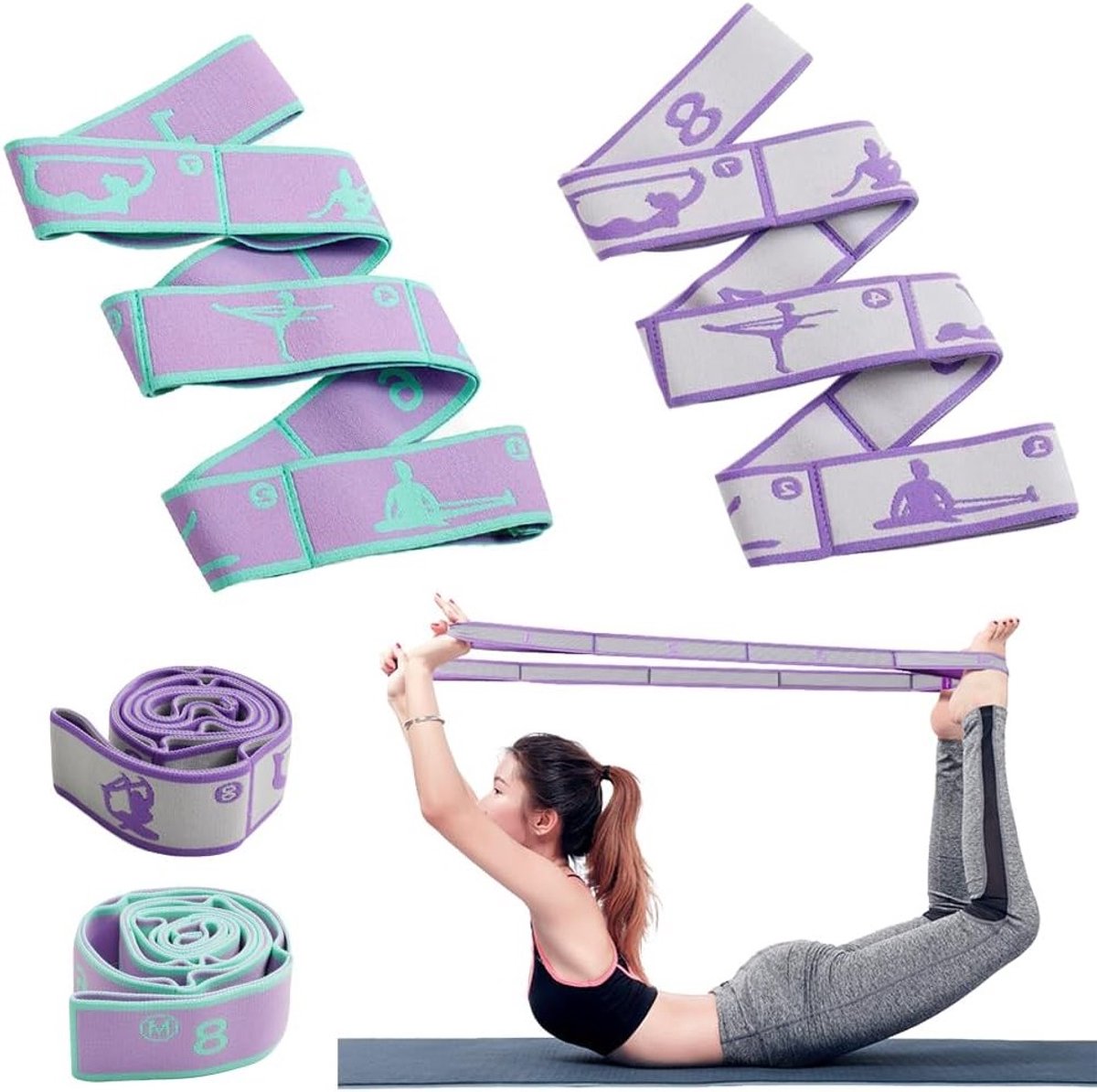 Set van 2 rekbare yoga stretchbanden met 8 lussen, ideaal voor yoga, pilates en fitnessoefeningen.