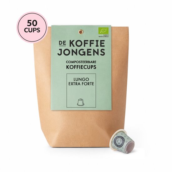 Bruine zak met 50 composteerbare Lungo Extra Forte koffiecups. Groene kaart met logo 'DE KOFFIE JONGENS'.