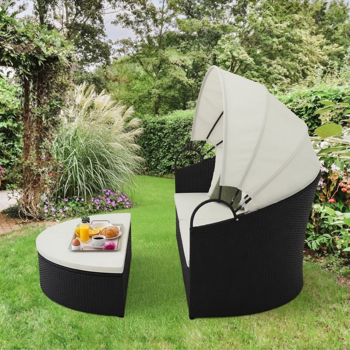 Rattan Sunbed with Retractable Canopy, Round Sun Lounger, Sun Lounger for 2-3 People, Including Seat Cushion and Back Cushion, Garden Lounge, Garden Furniture for Garden, Backyard, 187 x 180 x 157 cm-Industrohome