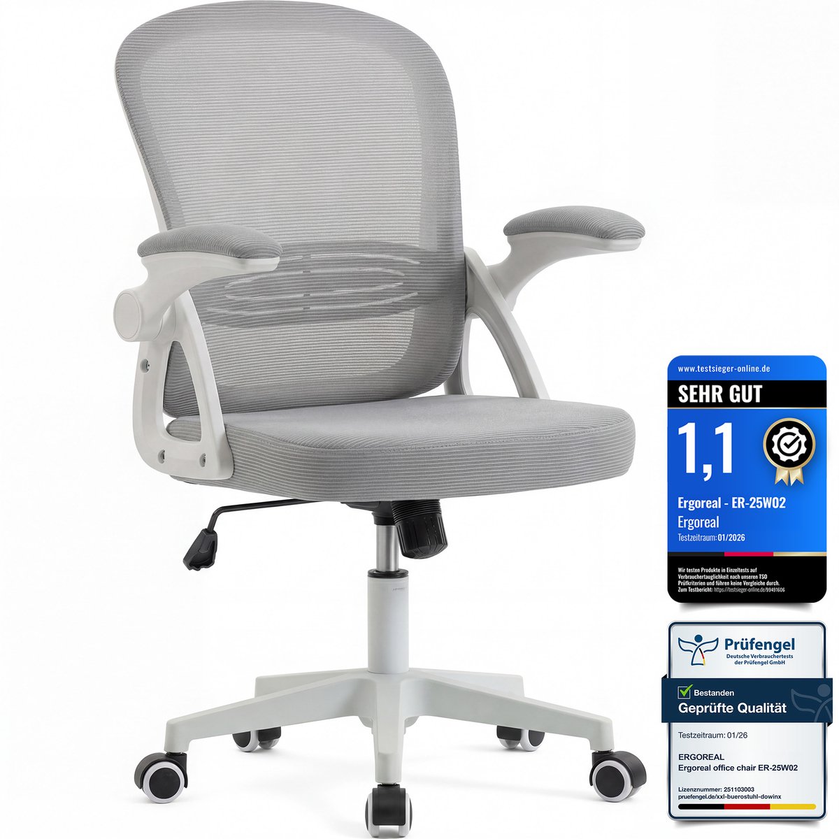 Bureaustoel - Ergonomische Stoel - Fauteuil met 90° opklapbare armleuning - In hoogte verstelbaar - Grijs