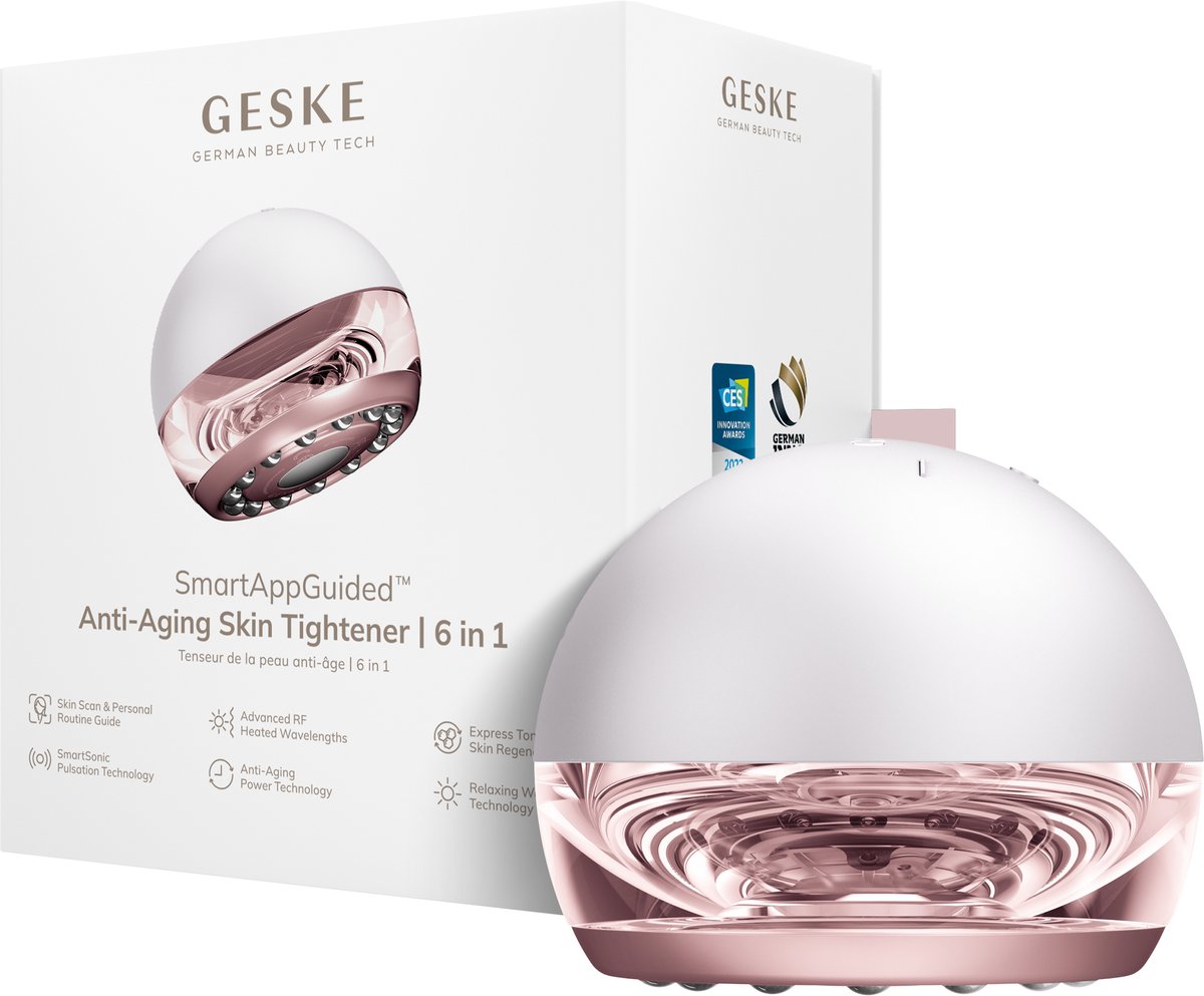 GESKE SmartAppGuided™ Anti-Aging Skin Tightener | 6 in 1 | Geavanceerde Anti-Aging | Radiofrequente Huidverstrakking | Huidvernieuwing met SmartSonic Pulsaties & Warming Technology