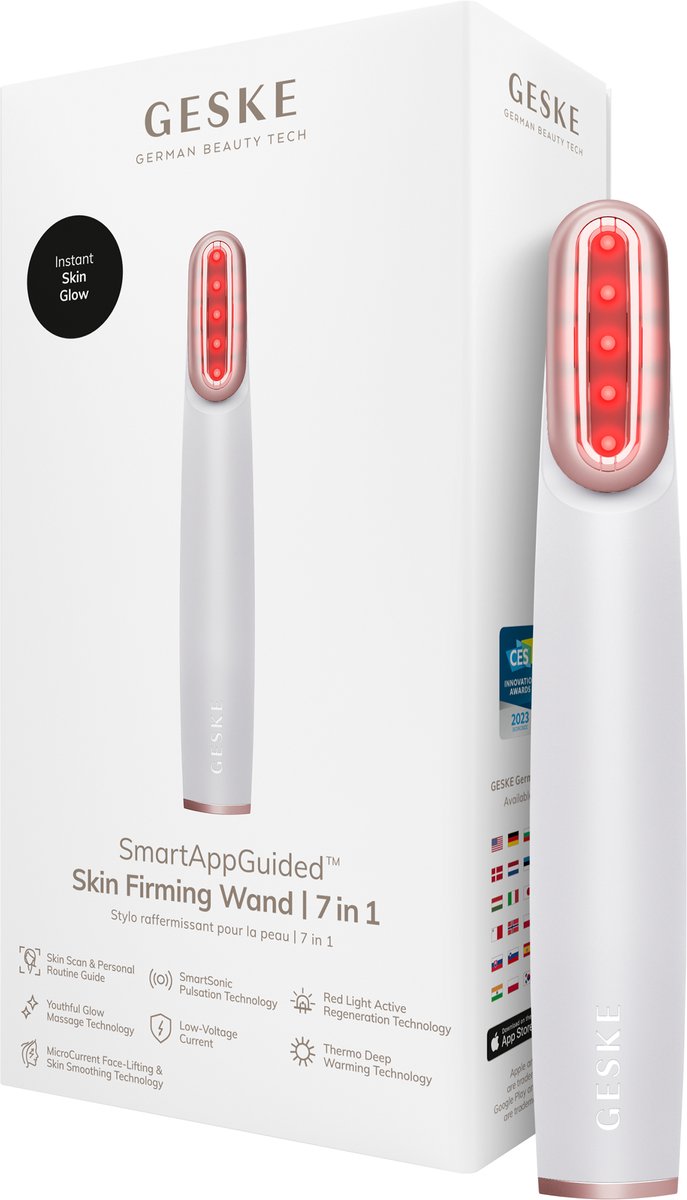 GESKE Skin Firming Wand | 7 in 1 | Anti-aging | MicroCurrent Facelift | Huidverzorgingstool | Rimpels verwijderen | Gezichtsversteviger | Rode ledtechnologie | Draaibare kop