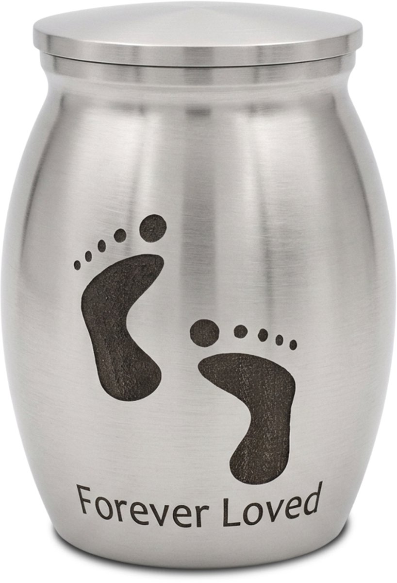 Akerz Mini Urn Forever Loved Zilver – Babyvoetjes – Herinneringsurn voor As – Aluminium – Inclusief Beschermzakje – Schroefdeksel – 4 cm