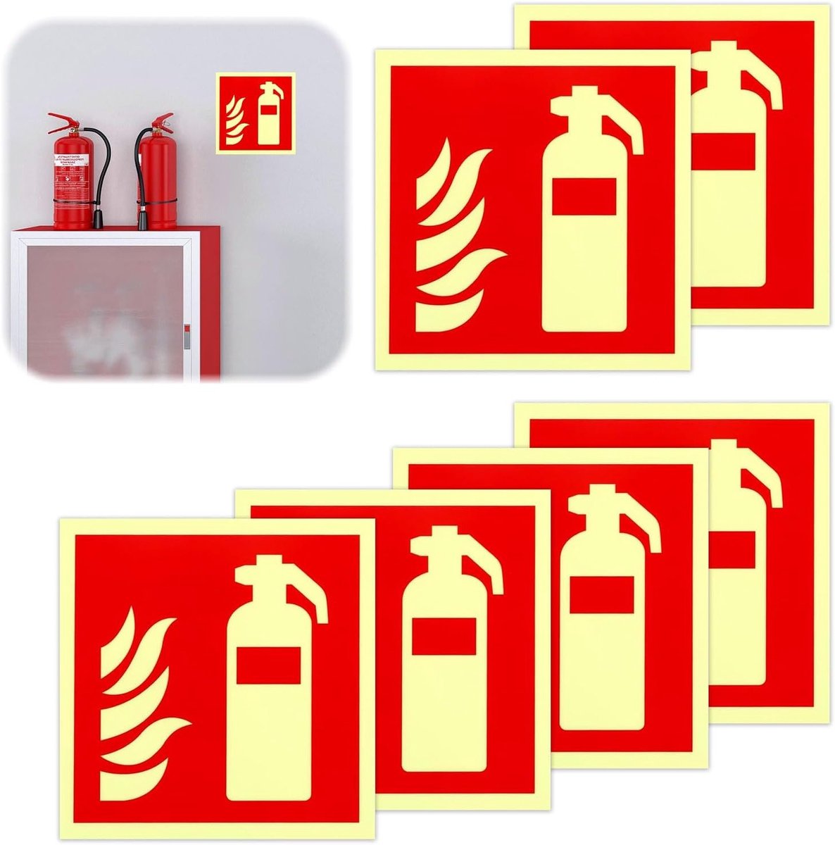 Set van 6 Luminous Brandblusser Stickers 15 x 15 cm - Zelfklevende Veiligheidsmarkeringen voor Brandbeveiliging en Brandpreventie