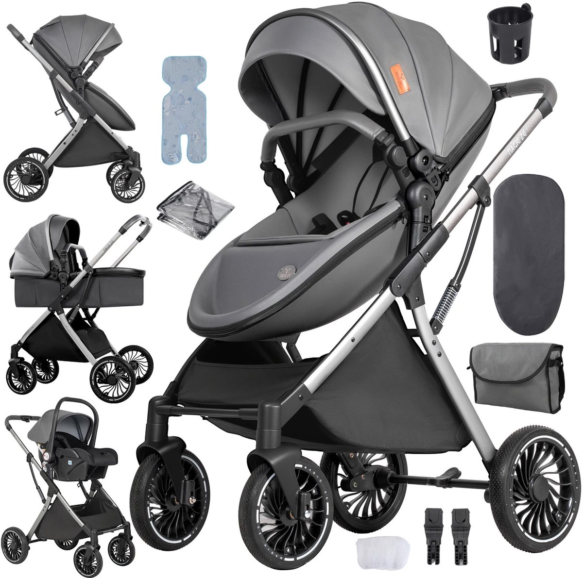 Deluxe 3-in-1 Kinderwagen – Volledig Reissysteem met Wieg & Autostoel – Veilig en Comfortabel - Grijs