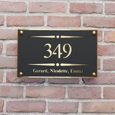 Naambordje voordeur - Huisnummerbord - Rechthoek stip streep - 20x12 - zwart/goud - RVS afstandshouders