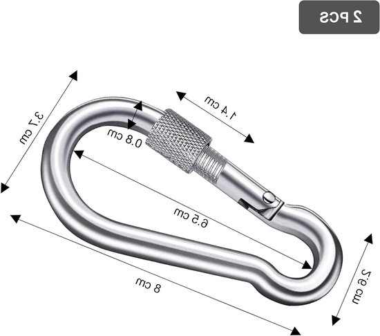 Robuuste M8 karabiner met schroefkap, 2 x draaibare roestvrijstalen haken voor klimmen, kamperen en outdoor activiteiten — afbeelding 5