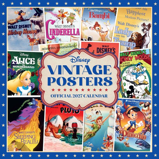 Calendrier officiel 2027 Disney Vintage Posters avec un collage d'affiches de films Disney classiques.