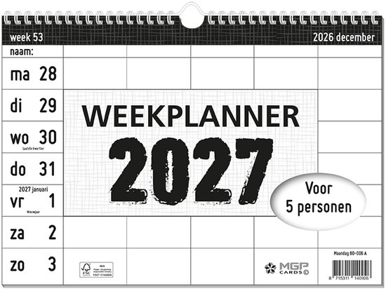 Weekplanner 2027 voor 5 personen, met de maanden december en januari.