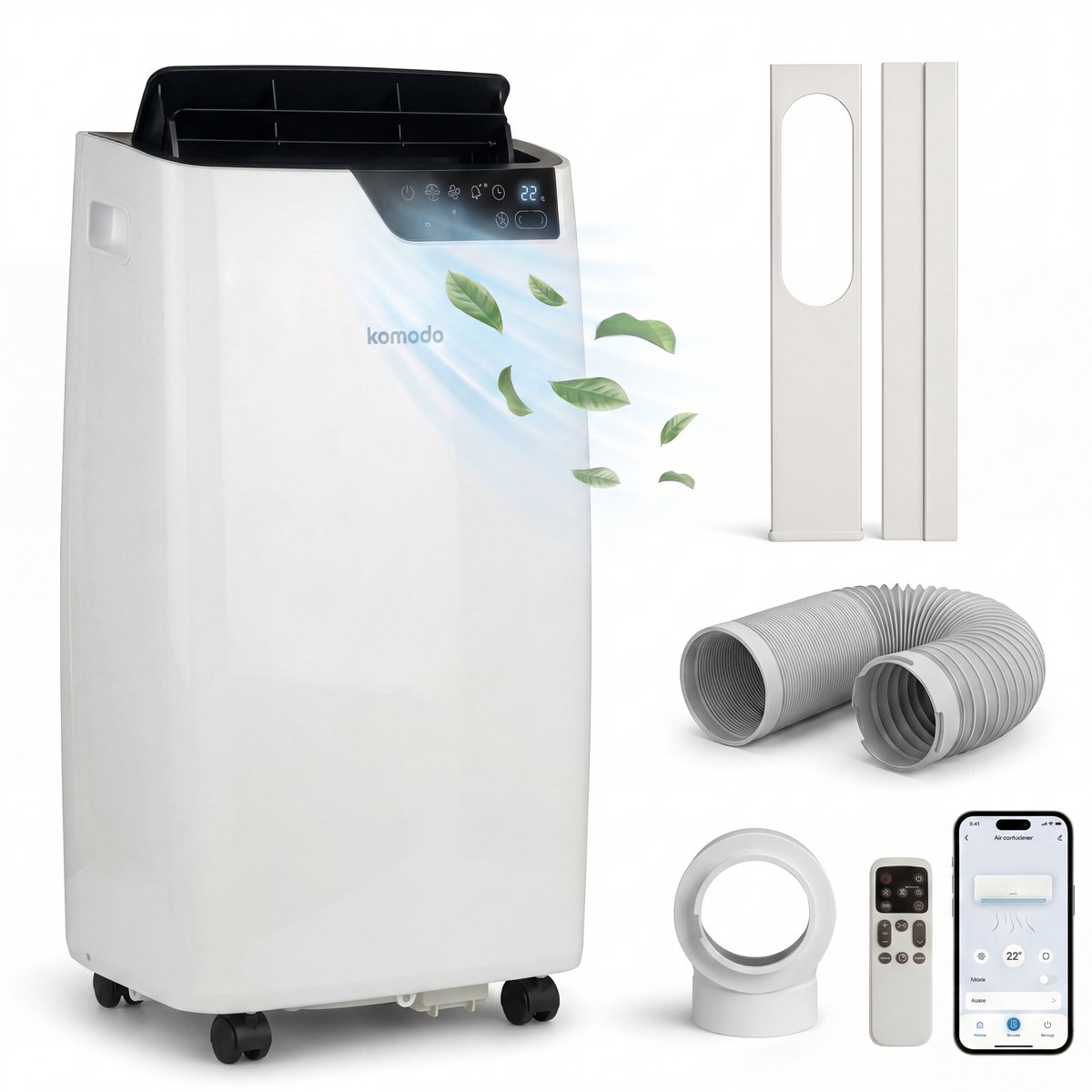 Komodo Frosty+ Mobiele Airco 12000 BTU – 4-in-1 Airconditioner – WiFi App & Afstandsbediening – Airco met Raamafdichtingskit & Afvoerslang – Ontvochtiger & Ventilator