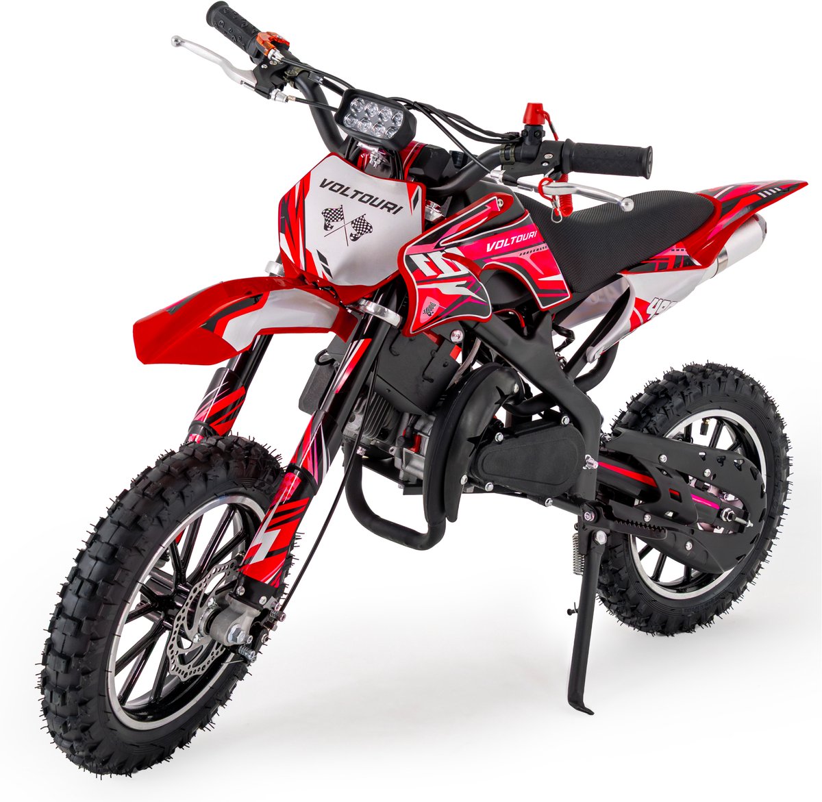 VOLTOURI CR49-E-RED Mini Cross 49cc – Kinder Dirtbike Benzine, 10” Offroad Banden, E-Start & Pull Start, Rood