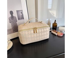 Toilettas, Make Up Tasje, Make Up Koffer, Beautycase, Make Up Organizer, Make Up Tas, Reis Toilettas, Reistas, Toilettas Dames, Make Up Organizer, Make Up Etui, Beautycase Koffer, Cosmetica Tas, Moederdag, Valentijnsdag, VIERKANT PATROON, CREME