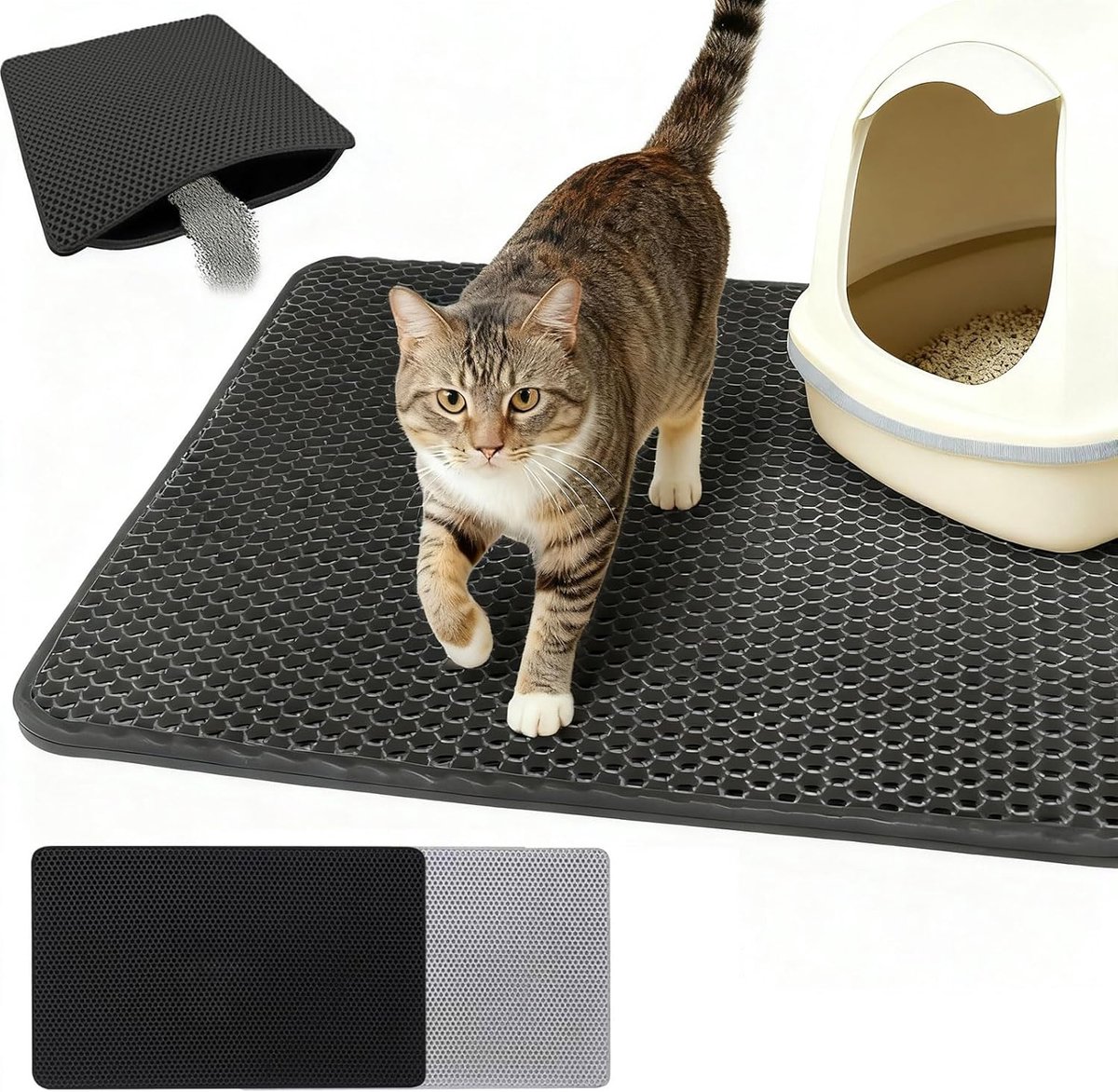 Kat Litter Mat - 60 x 90 cm - EVA Materiaal - Waterdicht en Antislip Kat Mat voor Kattenbak - Vermindert Litter en Vuil - Zwart - 60 x 90 x 1 cm