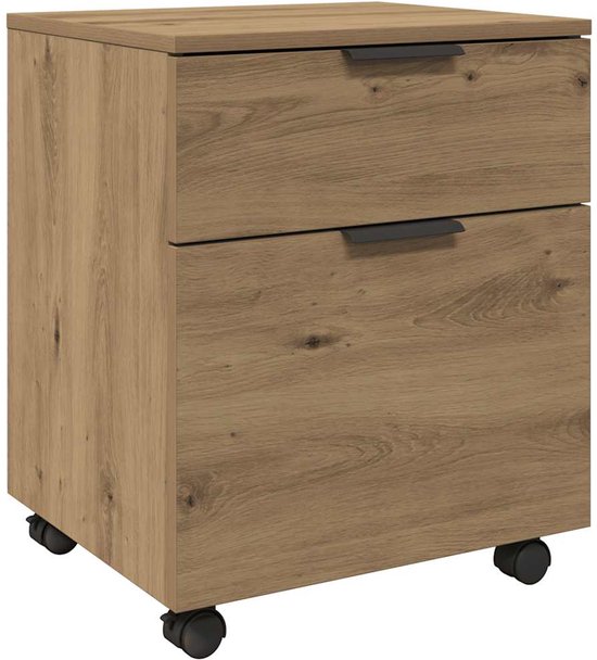 Mobiele dossierkast in artisanaal eikenhout met twee lades en zwarte handgrepen, gezien vanaf de zijkant.