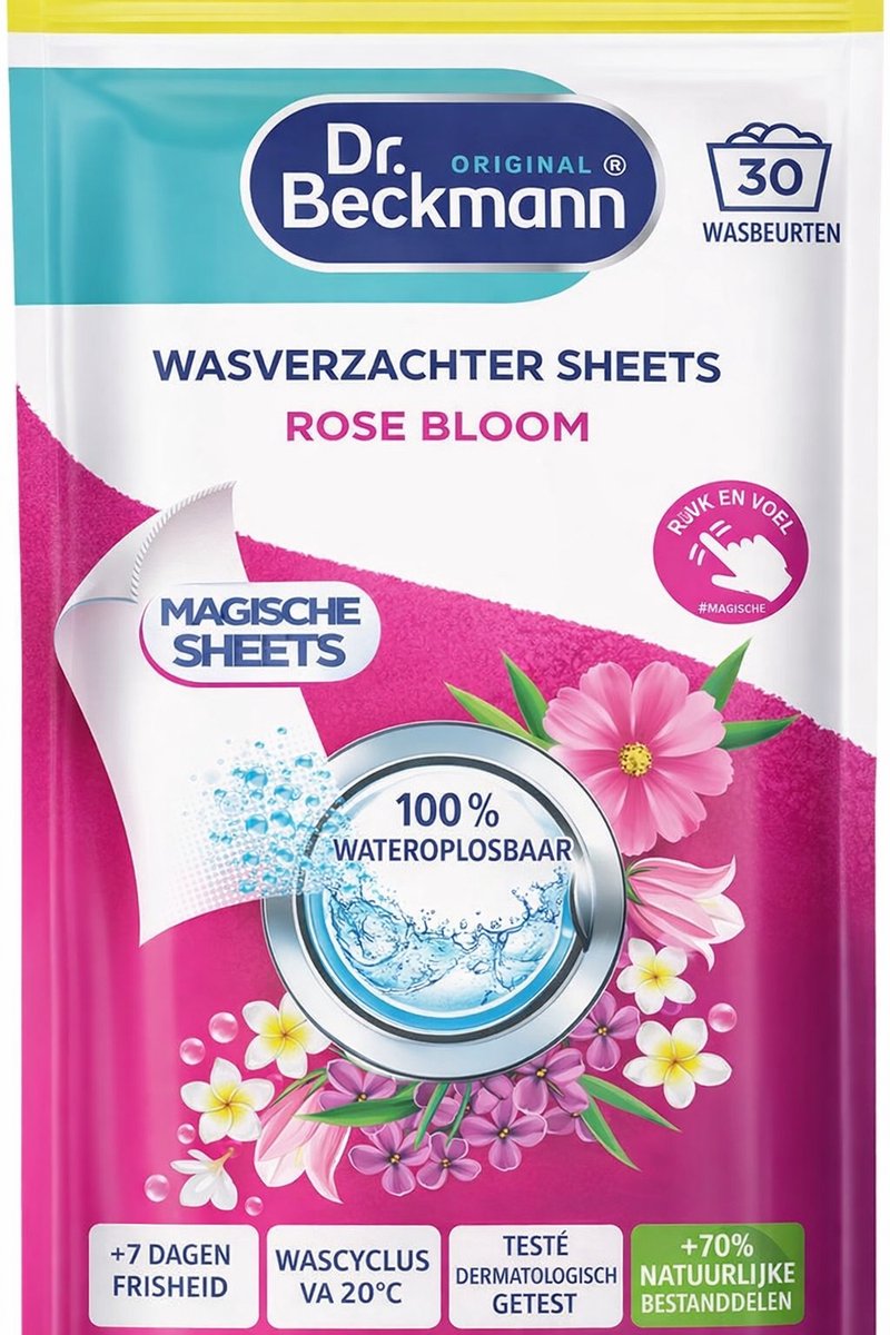 Dr. Beckmann Magic Sheets Wasverzachter – Rose Bloom Geur – 30 Wasbeurten – Wasstrips – Zachte Was & Anti Statisch