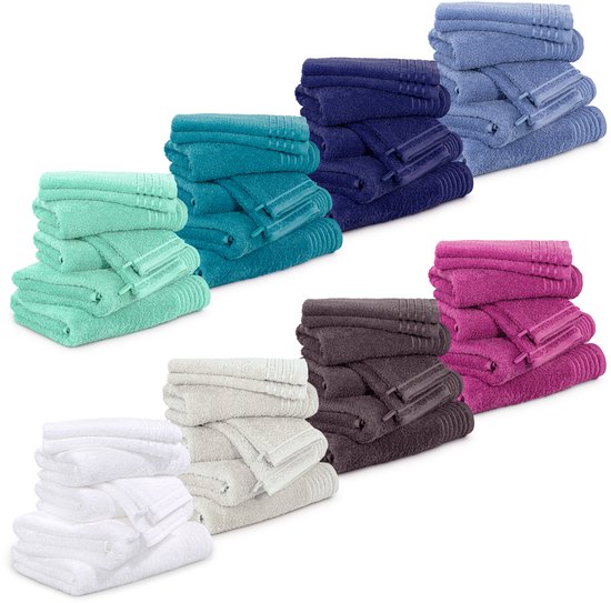 Stapel met handdoeken in verschillende kleuren: mintgroen, turquoise, marineblauw, hemelsblauw, roze, bruin, grijs en wit.