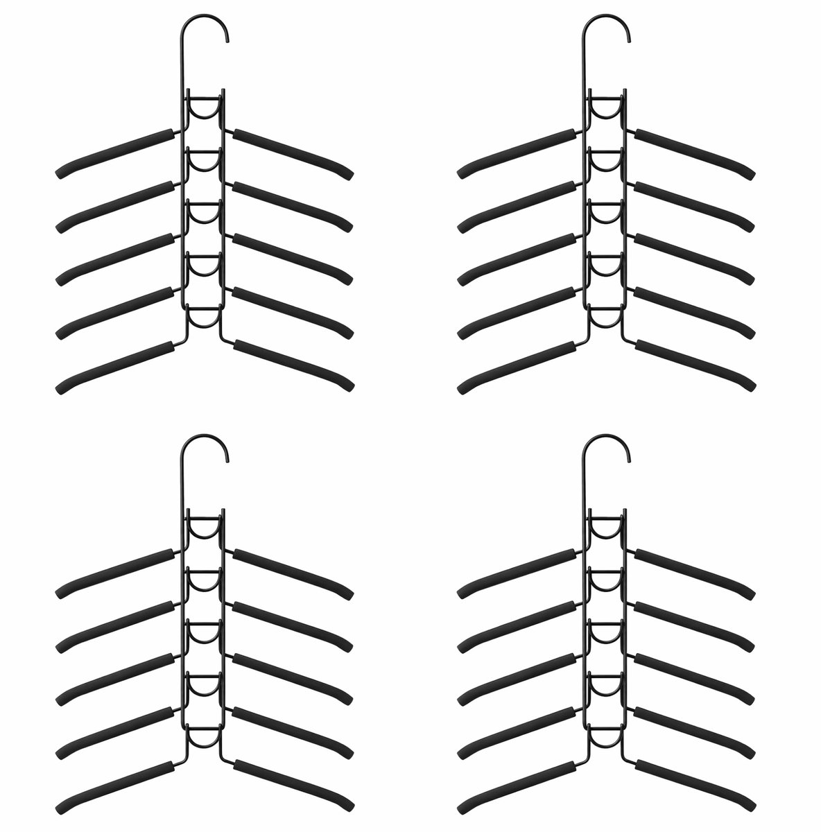Behave Ruimtebesparende Kledinghanger - Kledinghangers - Kapstok - Antislip - Metaal - 5 Haken - Zwart - 4 Stuks