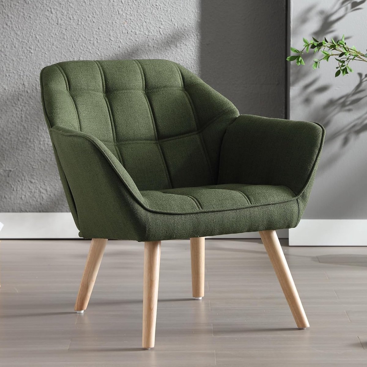 Fauteuil Linnen Accentstoel - Gestoffeerde Loungestoel met Houten Poten, Relaxstoel voor W