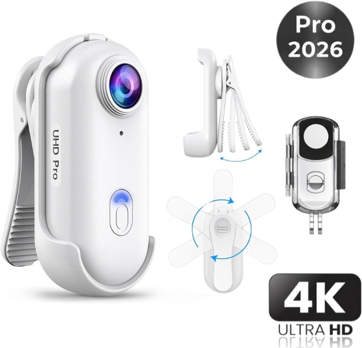 2026 Professionele 4K PRO Bodycam – Mini Camera – 120° UHD Groothoeklens – Action Sports Camera – Met Live App-View – WiFi camera - Magnetisch & Type-C – Discreet & Draagbaar – Pocket camera – Wit