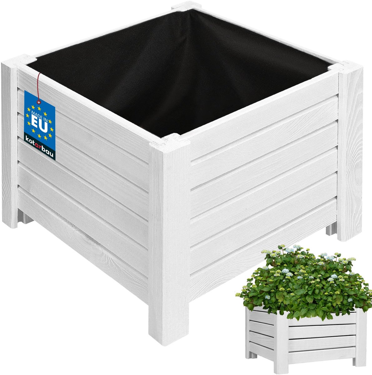 KOTARBAU® Houten Plantenbak, Kiefernhout, 38 x 38 x 30 cm, Wit, Houten Bloembak, Plantenbak voor Buiten, met Vlies, voor Tuin, Terras, Balkon