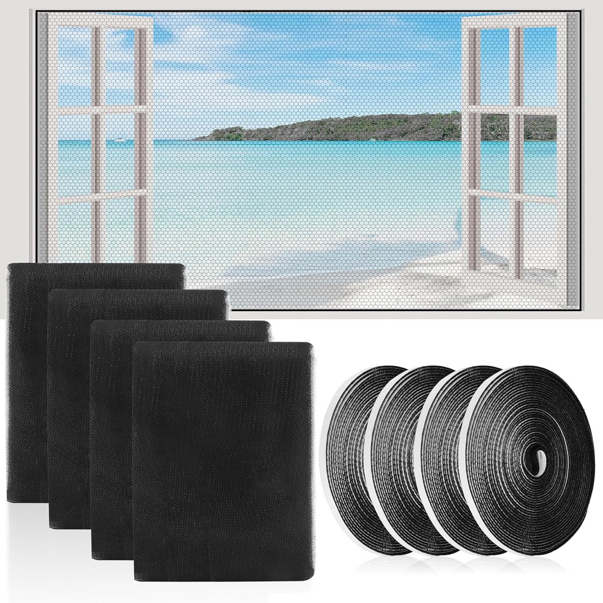 Pack van 4 zelfklevende vliegenhorren - op maat te knippen - 200 x 150 cm - met 4 rollen tape - ideaal voor ramen - snelle montage - duurzame bescherming tegen vliegen en muggen