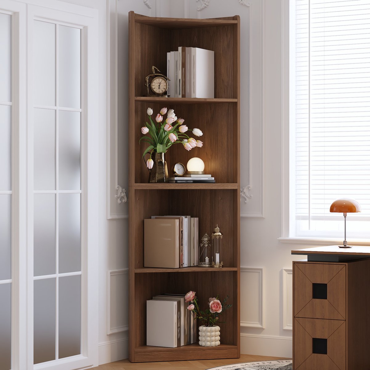 Hoekrek walnootlook 55x32x180 cm - smalle hoekboekenkast - open vakkenkast - ruimtebespare