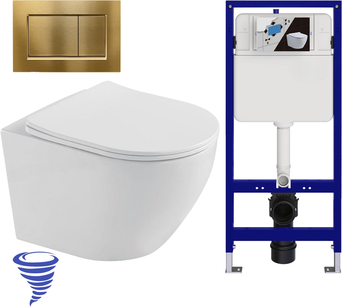 LOMAZOO Hangtoilet met Inbouwreservoir - Rond Wit - Drukplaat Vierkant Goud - Linea