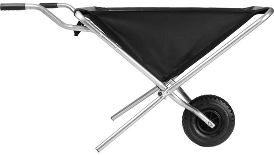 Zij-aanzicht van een opvouwbare zwarte kruiwagen met zilverkleurig frame en één wiel.