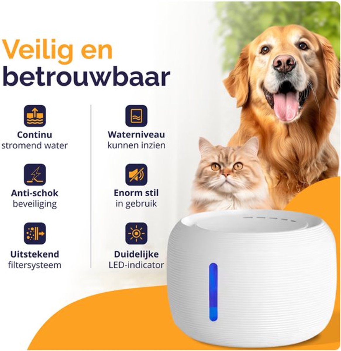 Viervoeter Drinkfontein 2.5L - Ronde waterfontein voor katten en honden - Dieren drinkbak - Incl 2 filters - Wit thumbnail 2