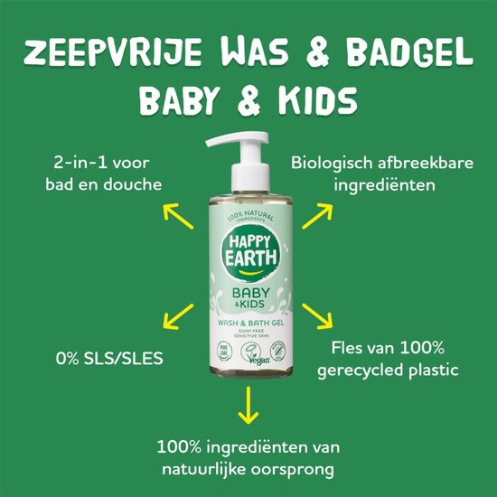 Happy Earth wash & bath gel met tekst 'ZEPVRIJE WAS & BADGEL BABY & KIDS'. Fles is van 100% gerecycled plastic, biologisch afbreekbare ingrediënten.