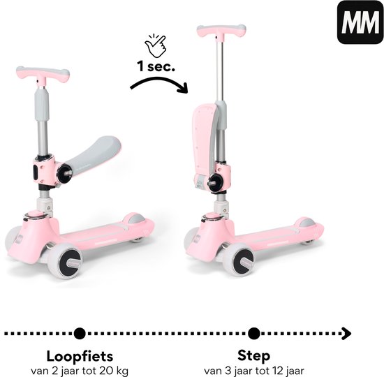 Roze step met grijze zitting. Transformatie van loopfiets naar step in 1 seconde.