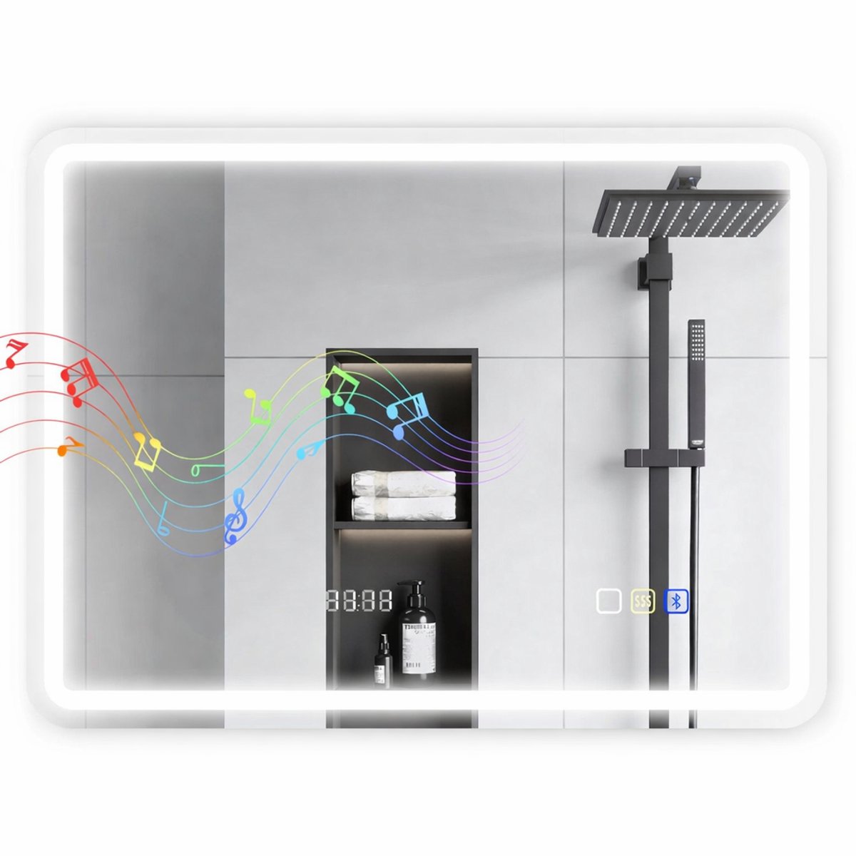 Sello! badkamerspiegel met bluetooth – spiegel – digitale klok – anti condens – led – muziek – dimbaar – L80xB3,5xH60cm – zilver