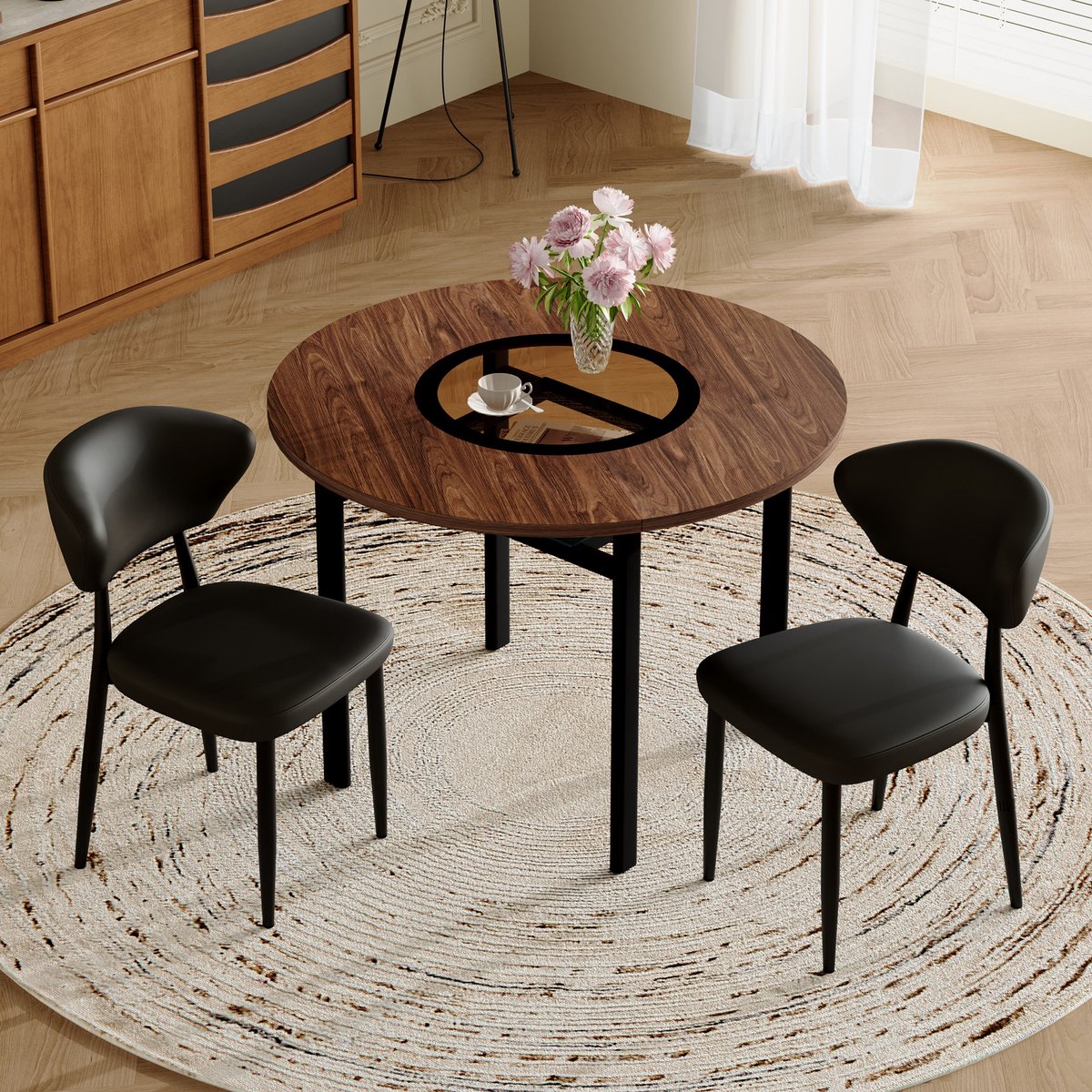 FloraGrace Eettafelset 100 Cm - Ronde Tafel Met 2 Eetkamerstoelen - Voor Eetkamer En Keuken - Glas, Metaal En Kunstleer - Bruin Zwart