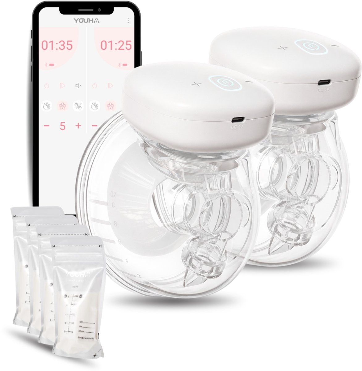 Bol.com Youha Elektrische Dubbele Borstkolf Gen 1 - Handsfree Draadloze Borstkolf - Met App - BPA-vrij - 24mm - Set van 2 - Incl... aanbieding