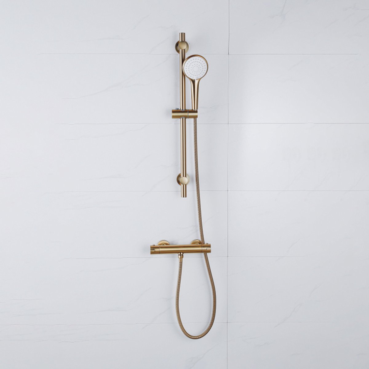 Adema Sparkle 2.0 Doucheset - thermostaatkraan - 70cm glijstang - ronde handdouche - metalen doucheslang - goud mat