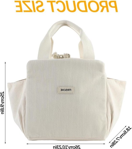 Lunchtas voor Dames - 12L Koeltas - Ribfluweel - Met Zijvakken Grote Capaciteit - Voor Paraplu Waterbeker Tafelservies En Mobiele Telefoon - Geschikt Voor Picknick Werk En School - Beige Kleur - Vershouddoos - Meal Prep Snackbox - Dagelijks Gebruik van Lalune Beach. — afbeelding 3