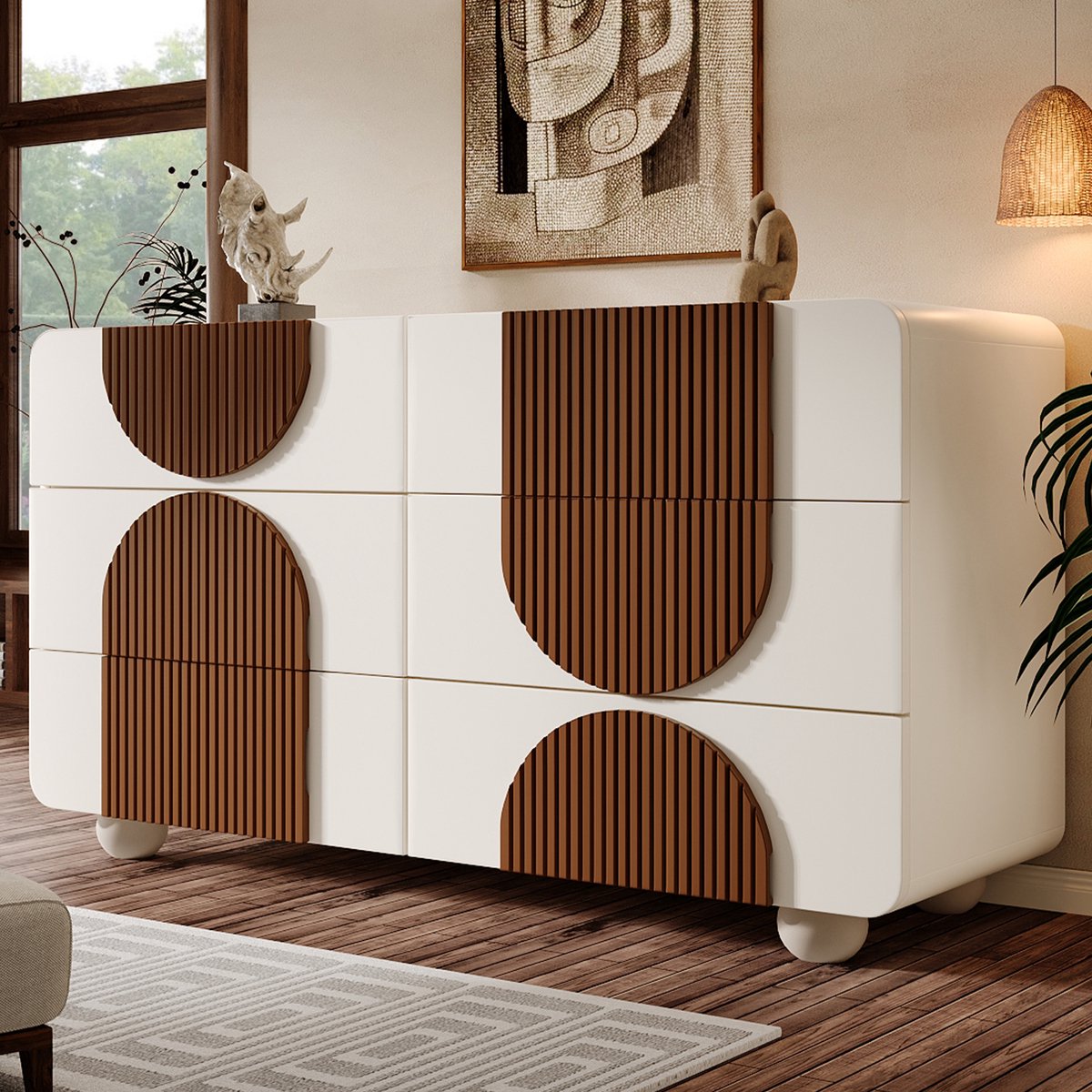 Clruro Ladekast - 121x71x41 cm - Met 6 Laden en Gebogen Design - Kantelbeveiliging - Hout - Wit