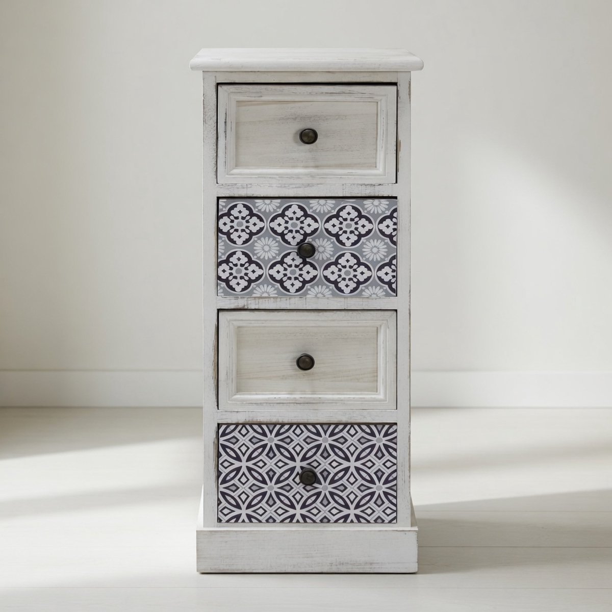 Gemonteerde commode met laden, smal nachtkastje MDF hout, wit grijs, 4 laden, vintage, badkamer ingang - afmetingen: 76 × 30 × 25 cm (H x B x D) - Art. RE6604-Mobili Bella
