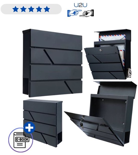 Grote Brievenbus A4 Formaat Antraciet Wandmontage van Gepoedercoat Gegalvaniseerd Staal met Slot en Sleutels Weerbestendige Postbus met Brede Inworp Moderne Design Mailbox voor Buiten Inclusief Montageset Met Ebook